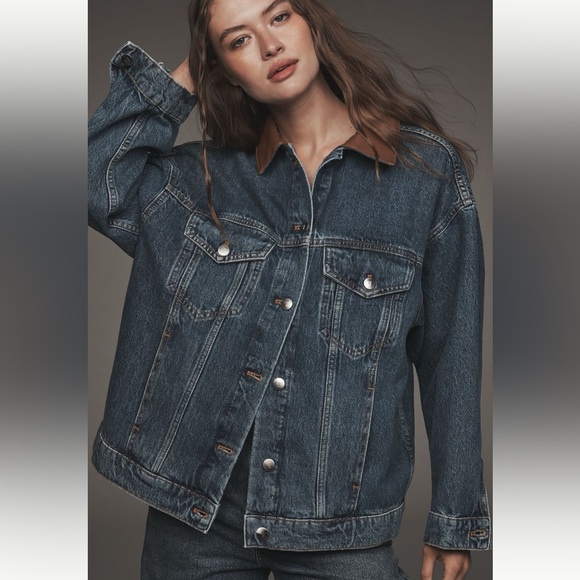 Anthropologie Pilcro Weston Faux-Leather Collar Denim Boyfriend Jacket Medium - Picture 2 of 10